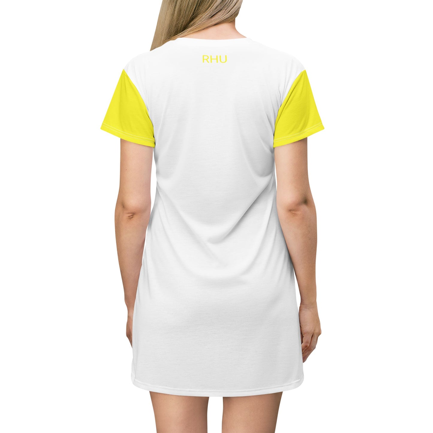 Human Rights LINFA All Over Print T-Shirt Dress White Yellow Sleeves