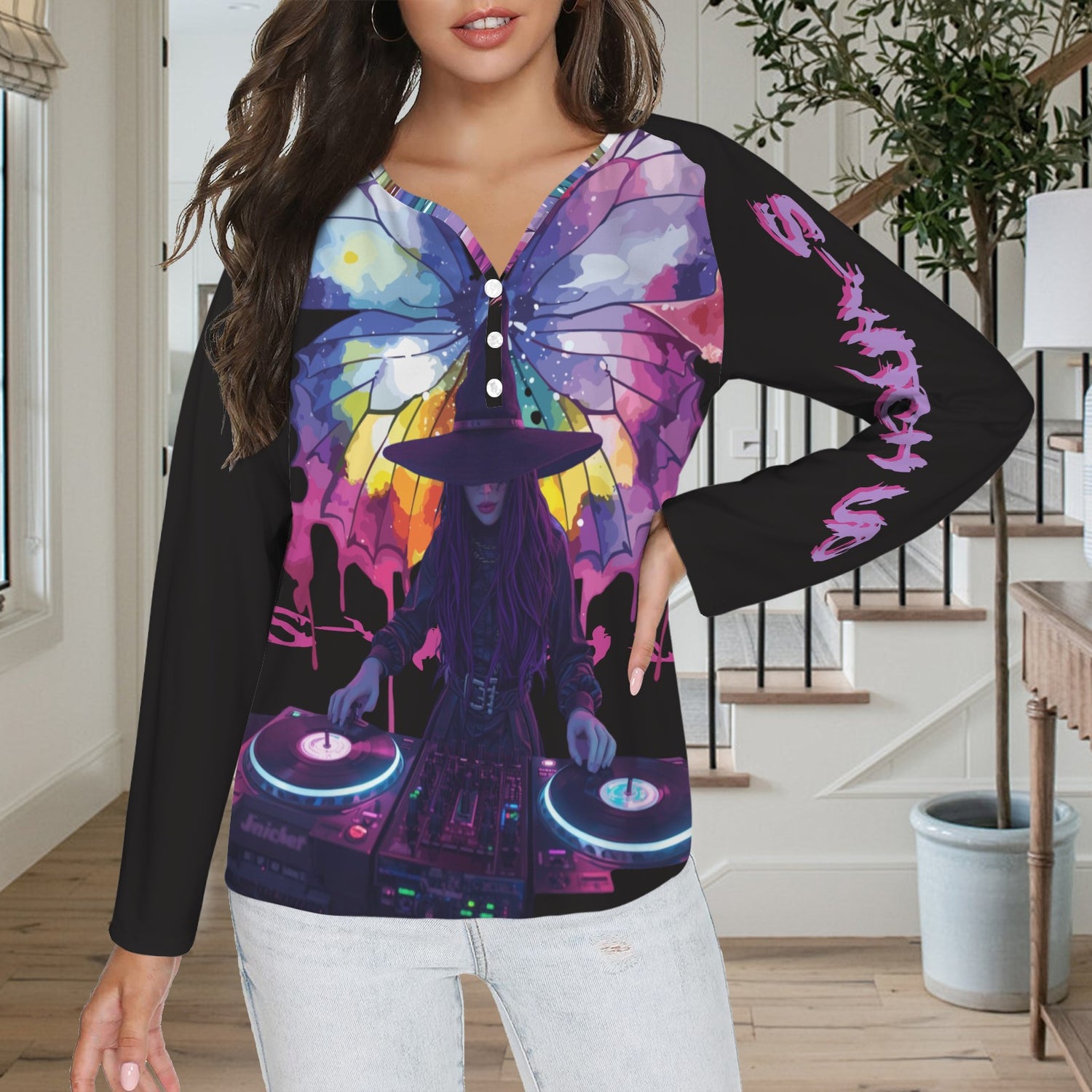 LINFA Little Hearts Long Sleeve Shirt Button Black