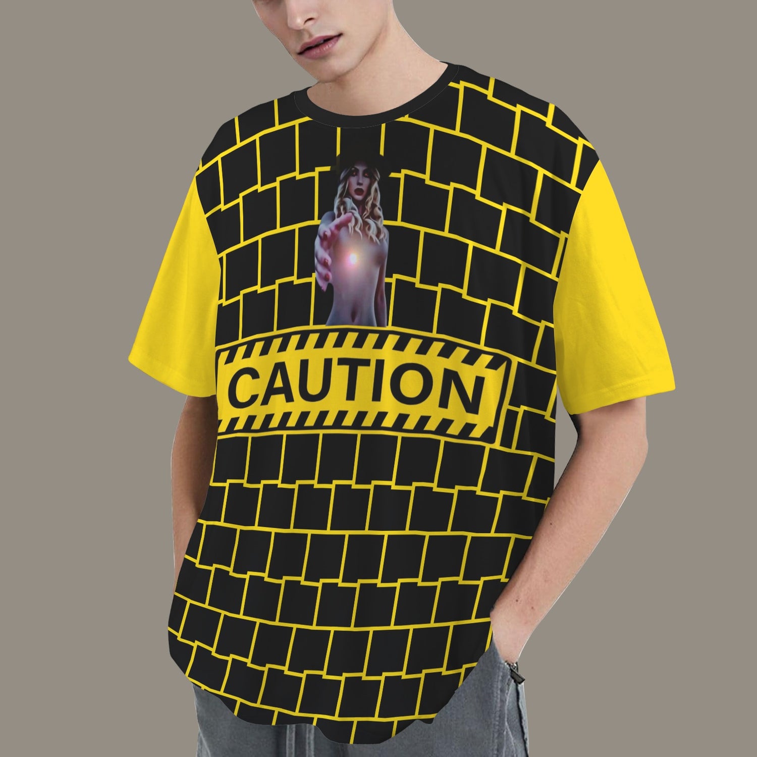 RANSIE FIGURE CAUTION T-SHIRT- YELLOW SLEEVE
