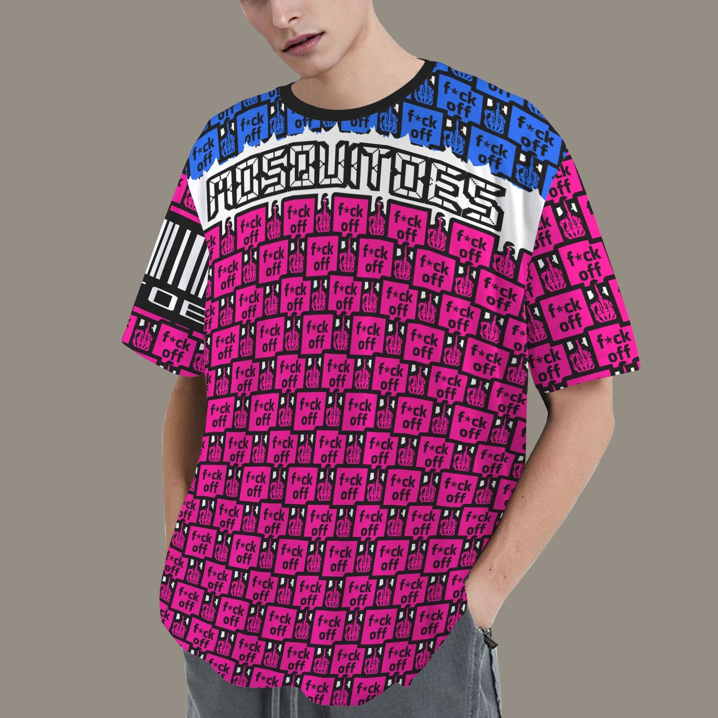 FUCK OFF MOSQUITOES PINK BLUE BLACK T-SHIRT BARCODE