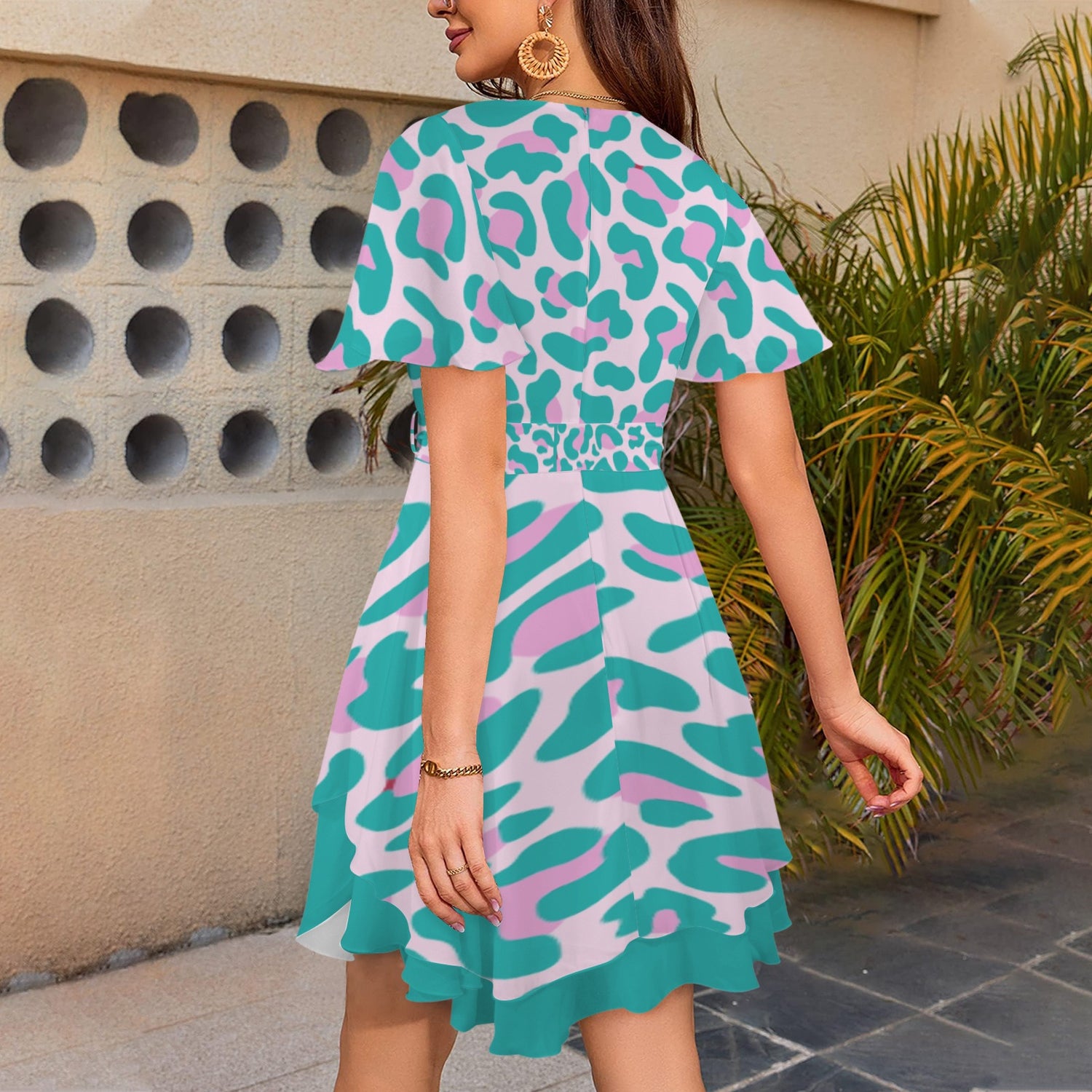 Leopard Tie V Neck Dress Torquoise Pink