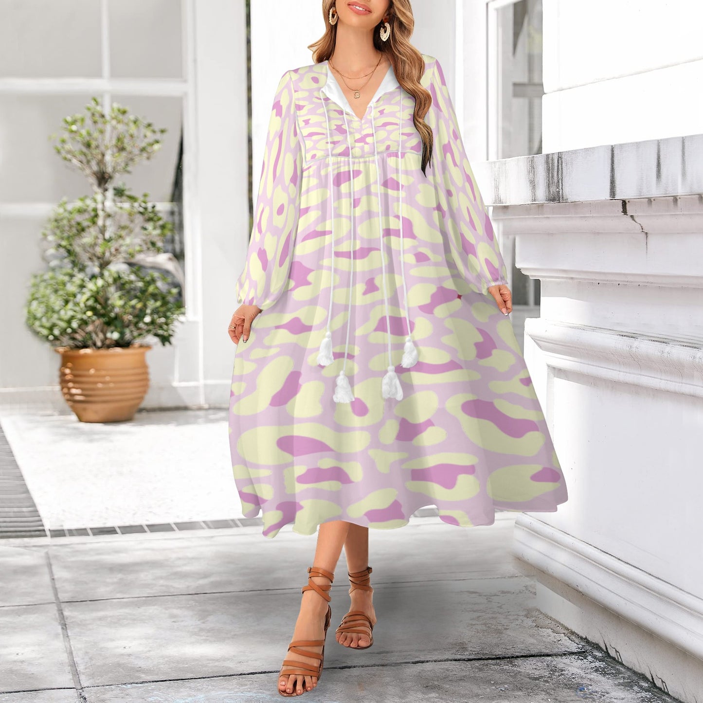 Light Yellow Pink Leopard Long Dress