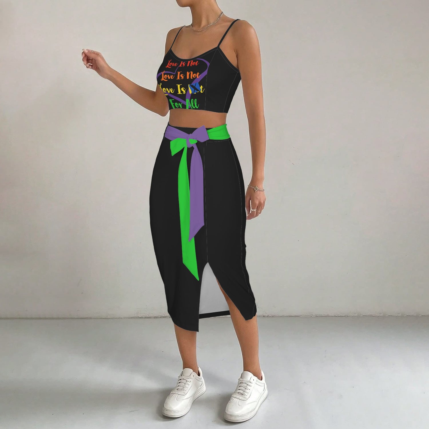 LINFA TOP SKIRT SET BLACK GREEN PUPLE BELT