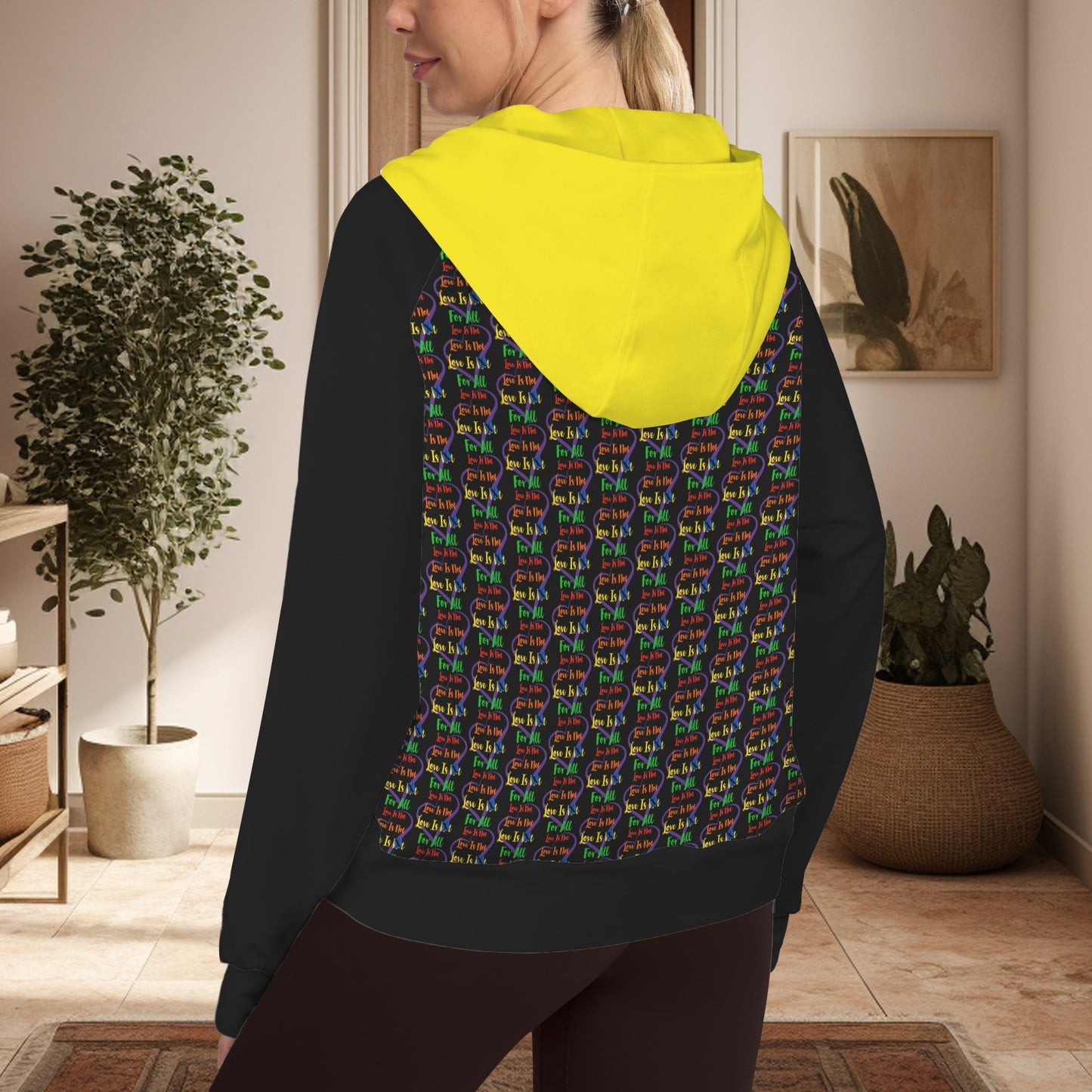 LINFA Little Hearts Zip Up Collar Hoodie Black Yellow Hoodie