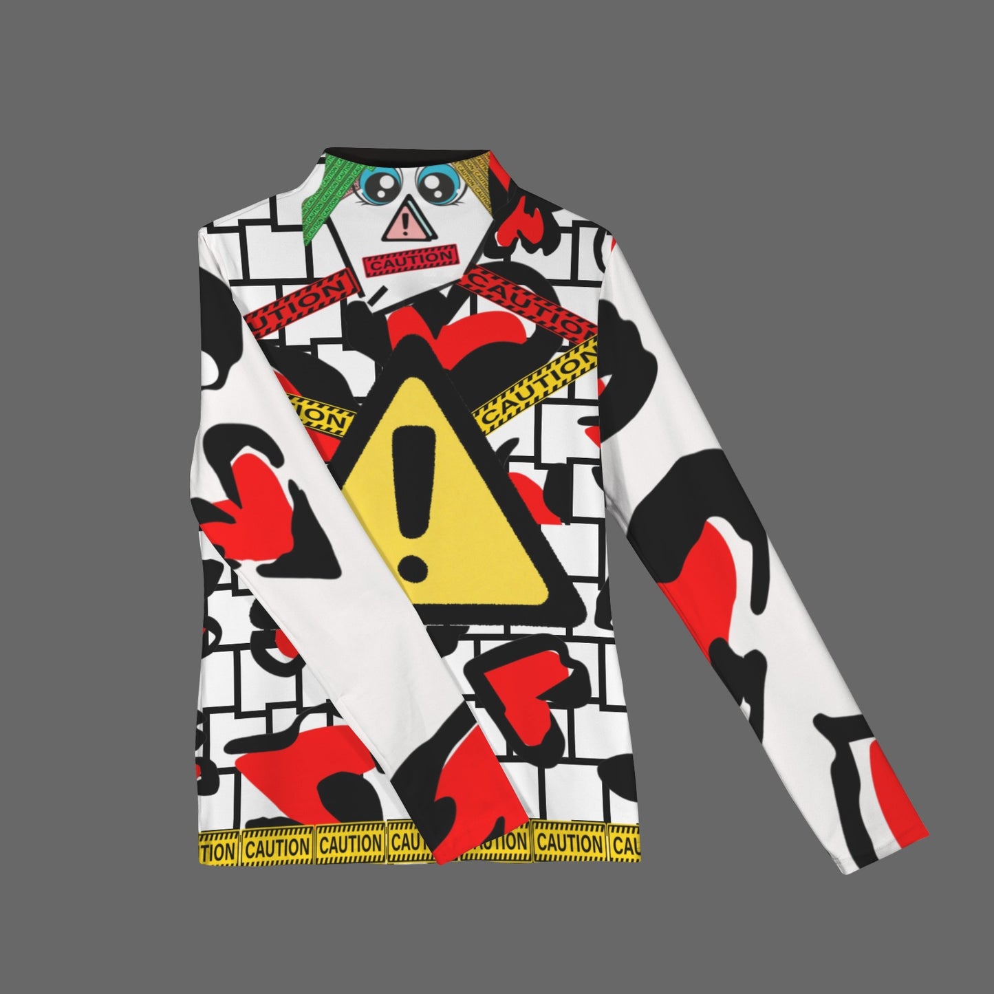 CAUTION Long Sleeve Turtleneck Shirt White Black Hearts