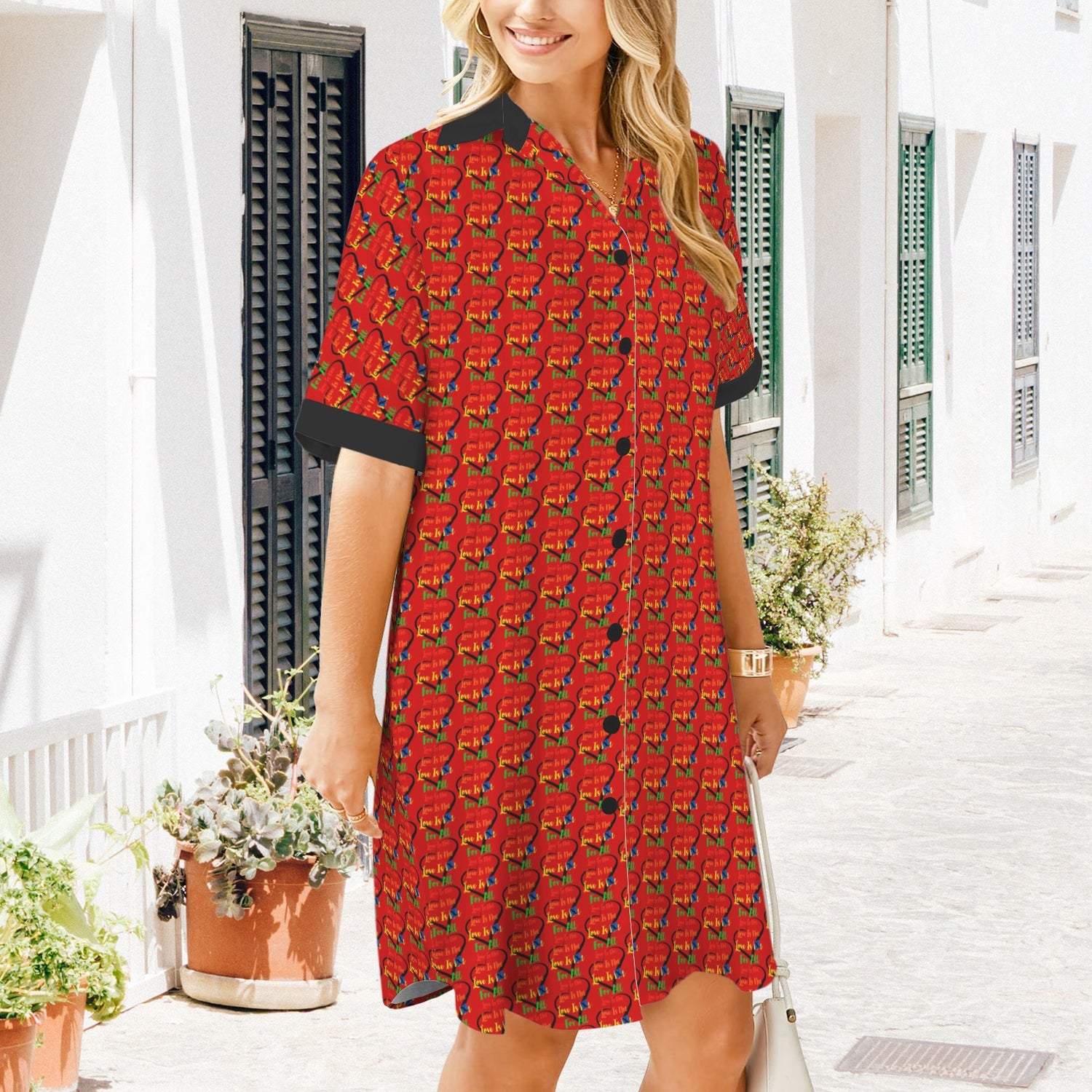 LINFA Little Hearts T Shirt Dress Short Sleeve Red