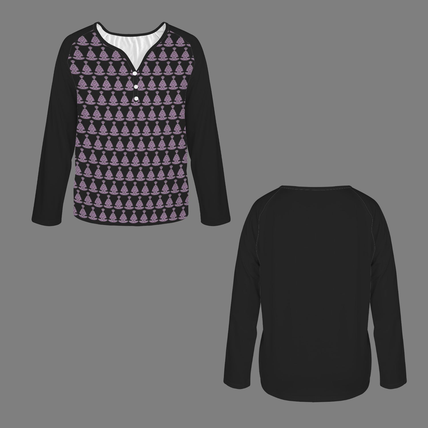 Buddha Pattern Long Sleeve Shirt Button Black