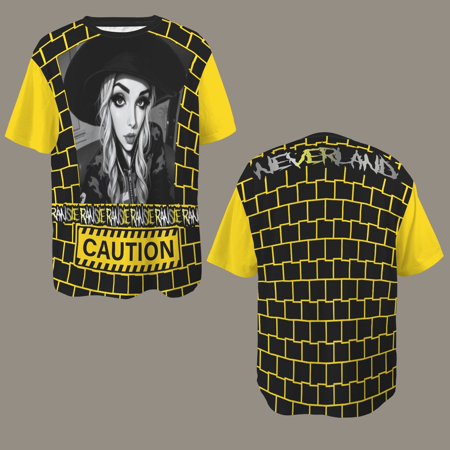 RANSIE CARTOON B/W CAUTION T-SHIRT - YELLOW SLEEVE SIGN