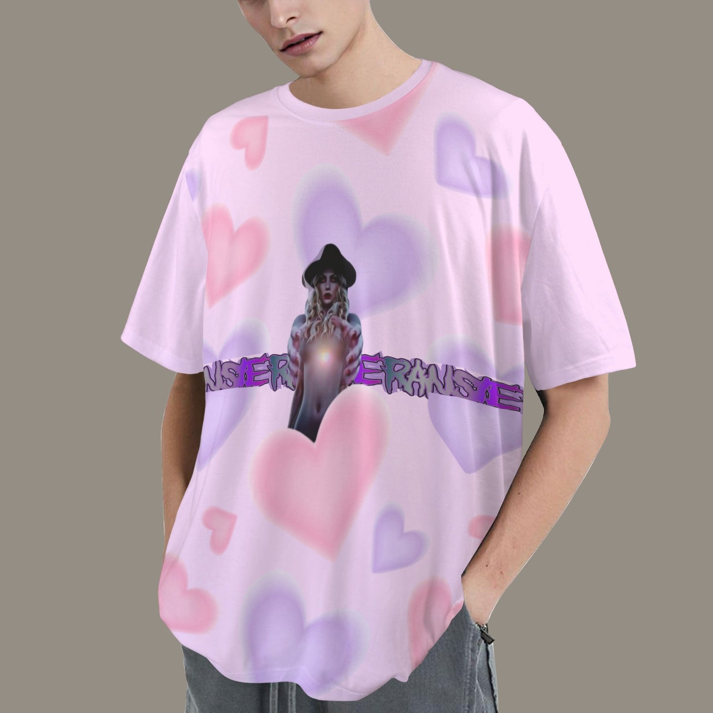 RANSIE IN NEVERLAND FIGURE HEARTS T-SHIRT LIGHT PINK- DISTRESSED NEEVRLAND