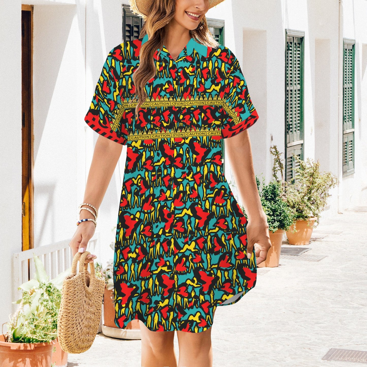 Caution Mosquitoes T Shirt Dress Verde Acqua Black Buttons