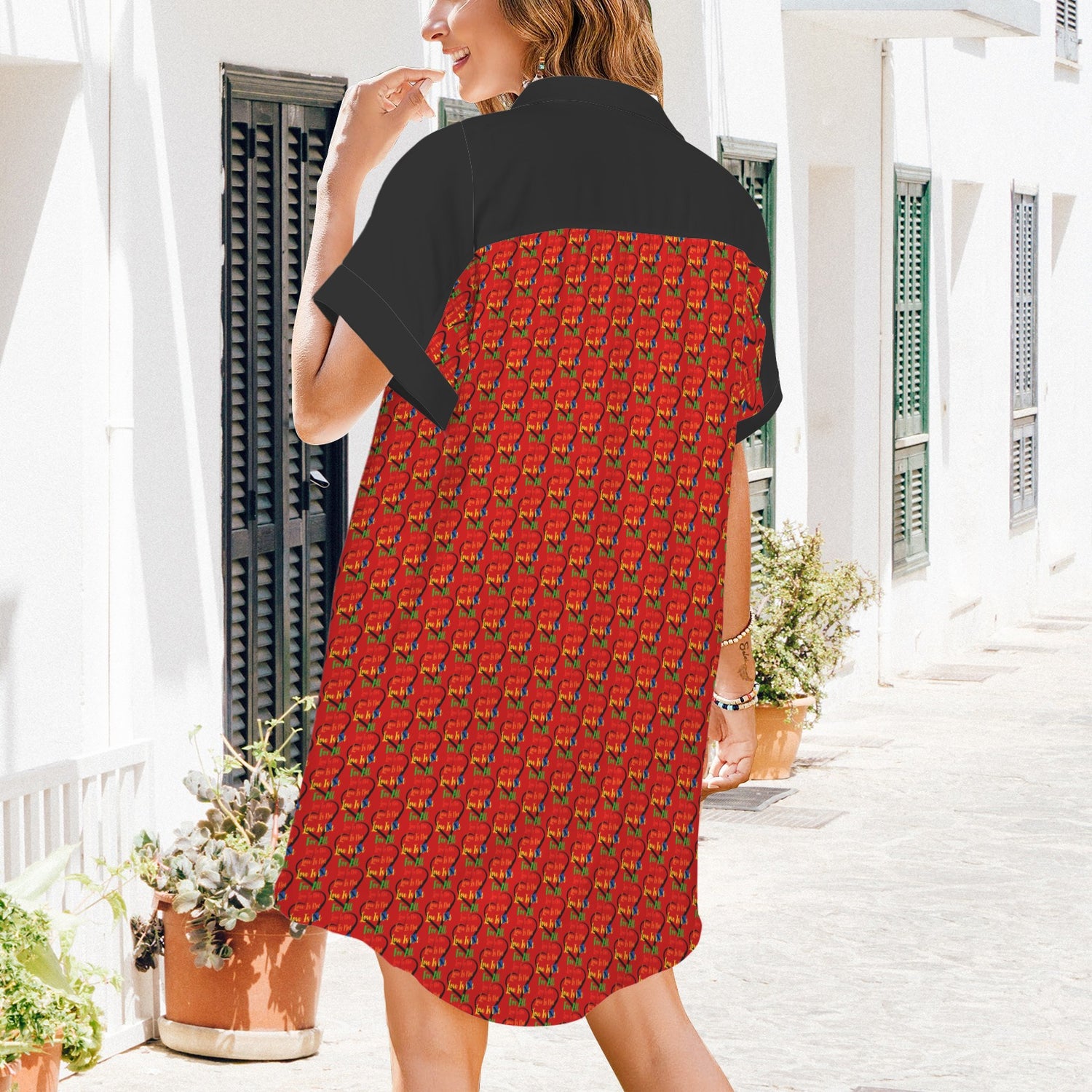 LINFA Little Hearts T Shirt Dress Short Sleeve Red