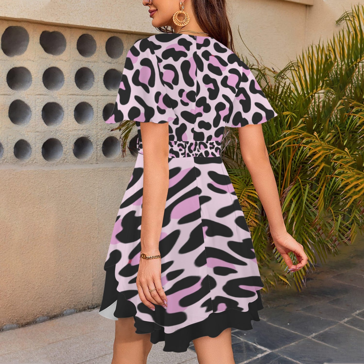 Leopard Tie V Neck Dress Black Pink