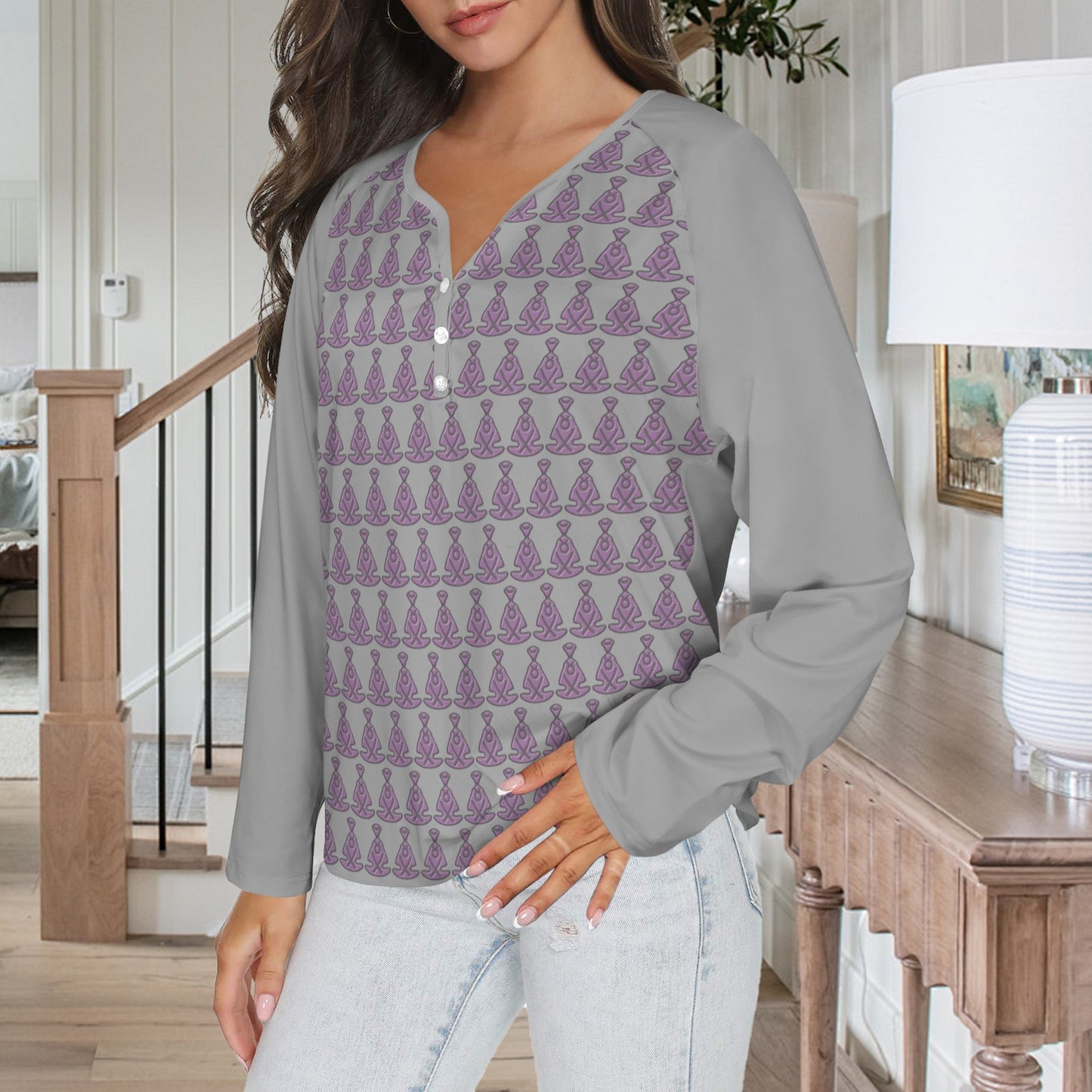 Buddha Pattern Long Sleeve Shirt Button Grey