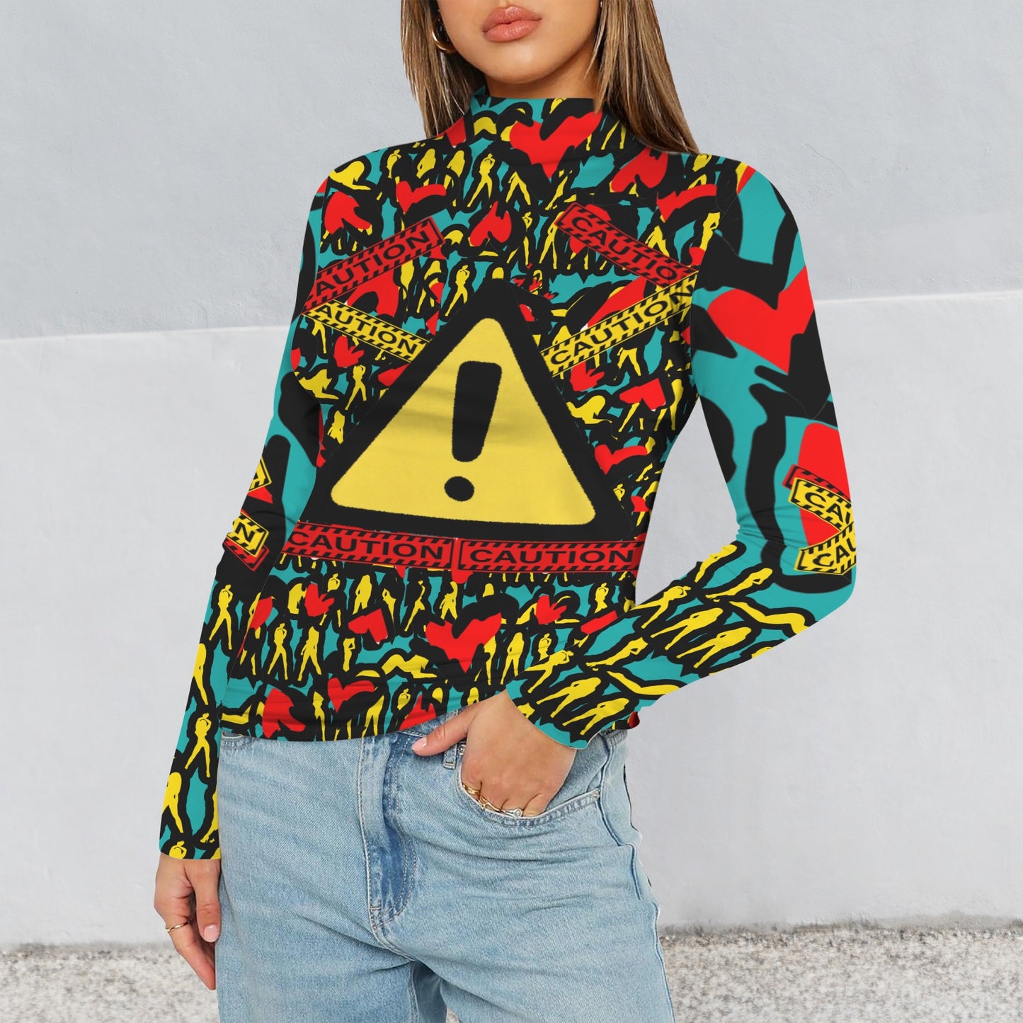 CAUTION Long Sleeve Turtleneck Shirt Torquoise Hearts Mosquitoes