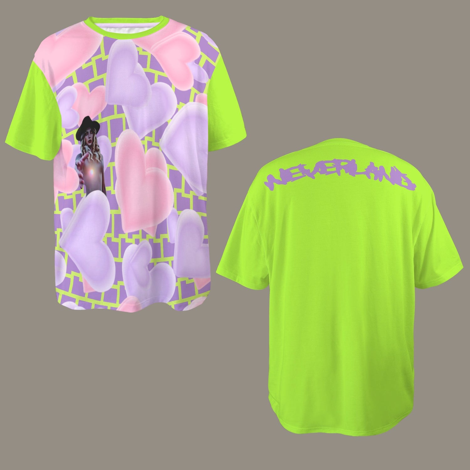 RANSIE FIGURE T-SHIRT - LILAC WALL & HEARTS - BRIGHT GREEN