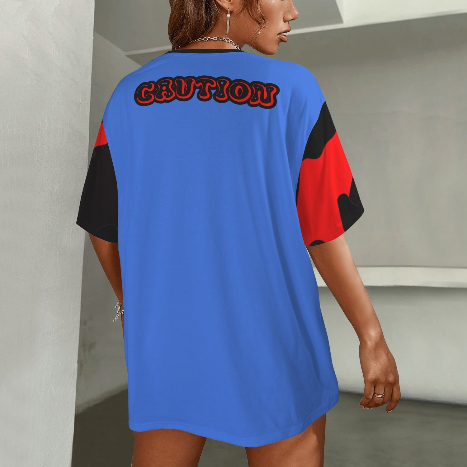 RANSIE CARTOON CAUTION  BLUE BLACK WALL  HEARTS T-SHIRT - Caution