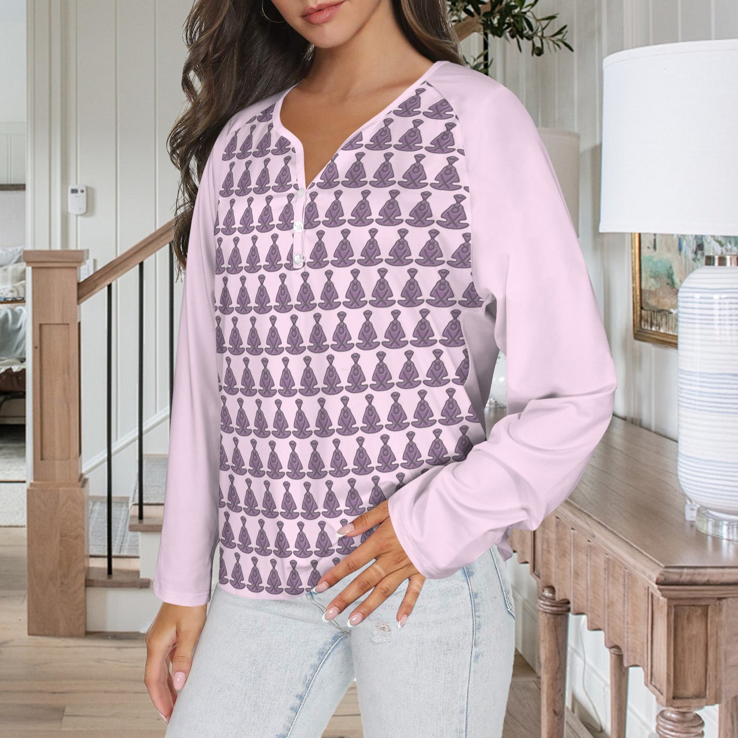 Buddha Pattern Long Sleeve Shirt Button Pale Pink