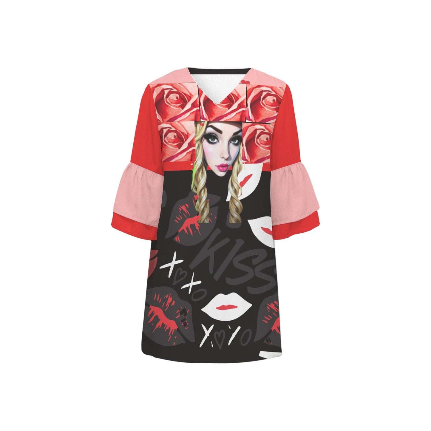 Ransie V Neck Kiss Dress Roses