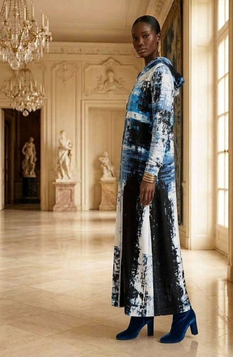 Abstract Blue white Black Velvet Zipper Maxi Dress with pockets