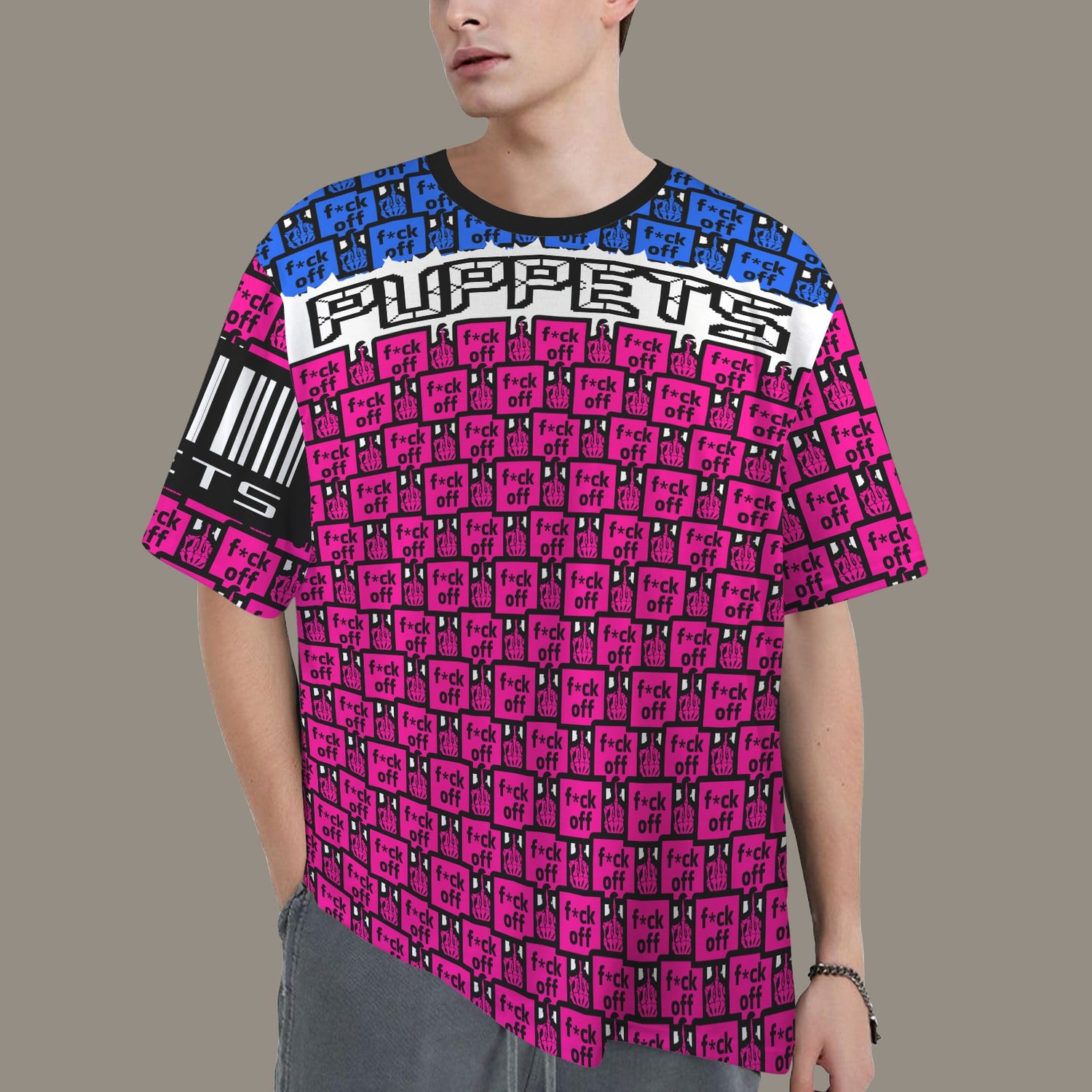 FUCK OFF PUPPETS PINK BLUE BLACK T-SHIRT BARCODE