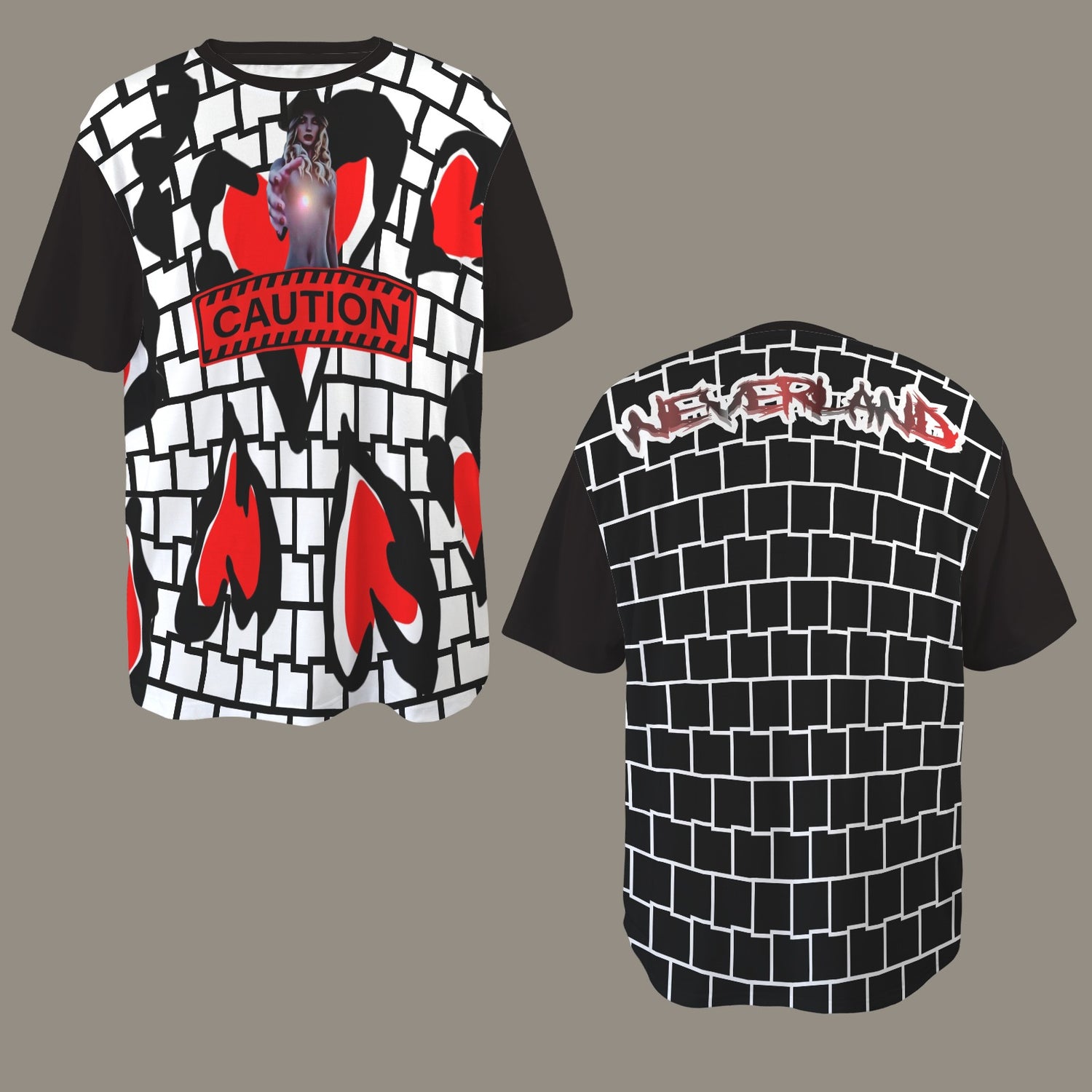 RANSIE FIGURE RED CAUTION T-SHIRT BLACK/WHITE  - DISTRESSED NEVERLAND