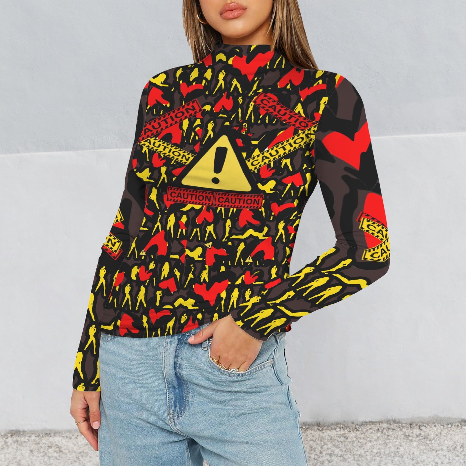 CAUTION Long Sleeve Turtleneck Brown Shirt TB Hearts Mosquitoes Small SIGN