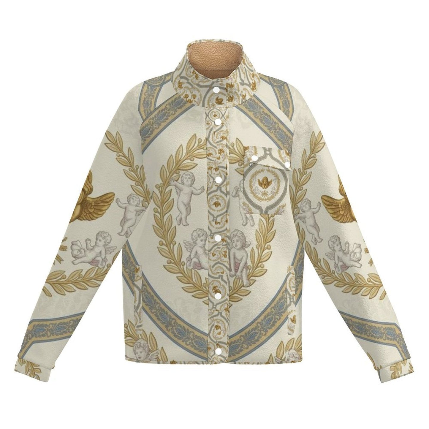 All Over Print Women's Casual Fleece-Lined Button-Up Jacket with Chest Pocket
