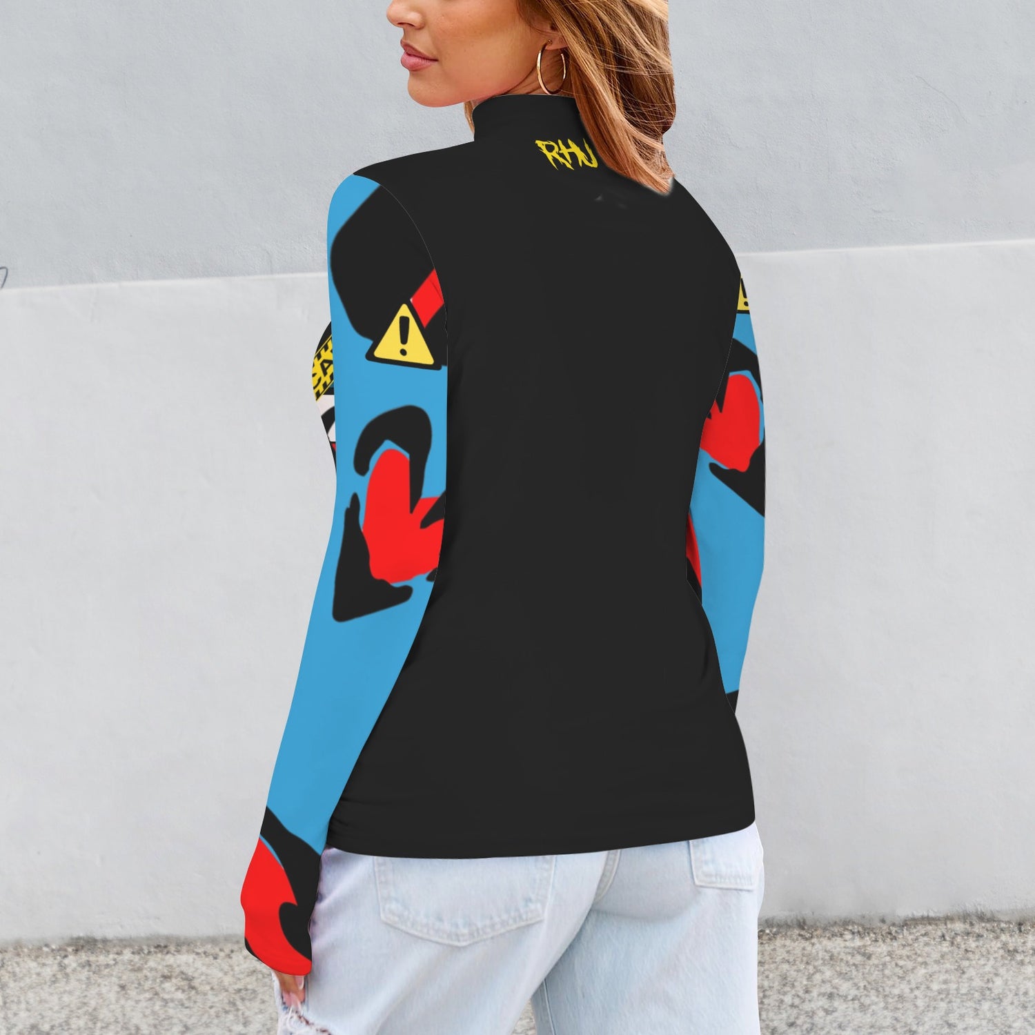 CAUTION Long Sleeve Turtleneck Shirt Light Blue/White Black Hearts V2