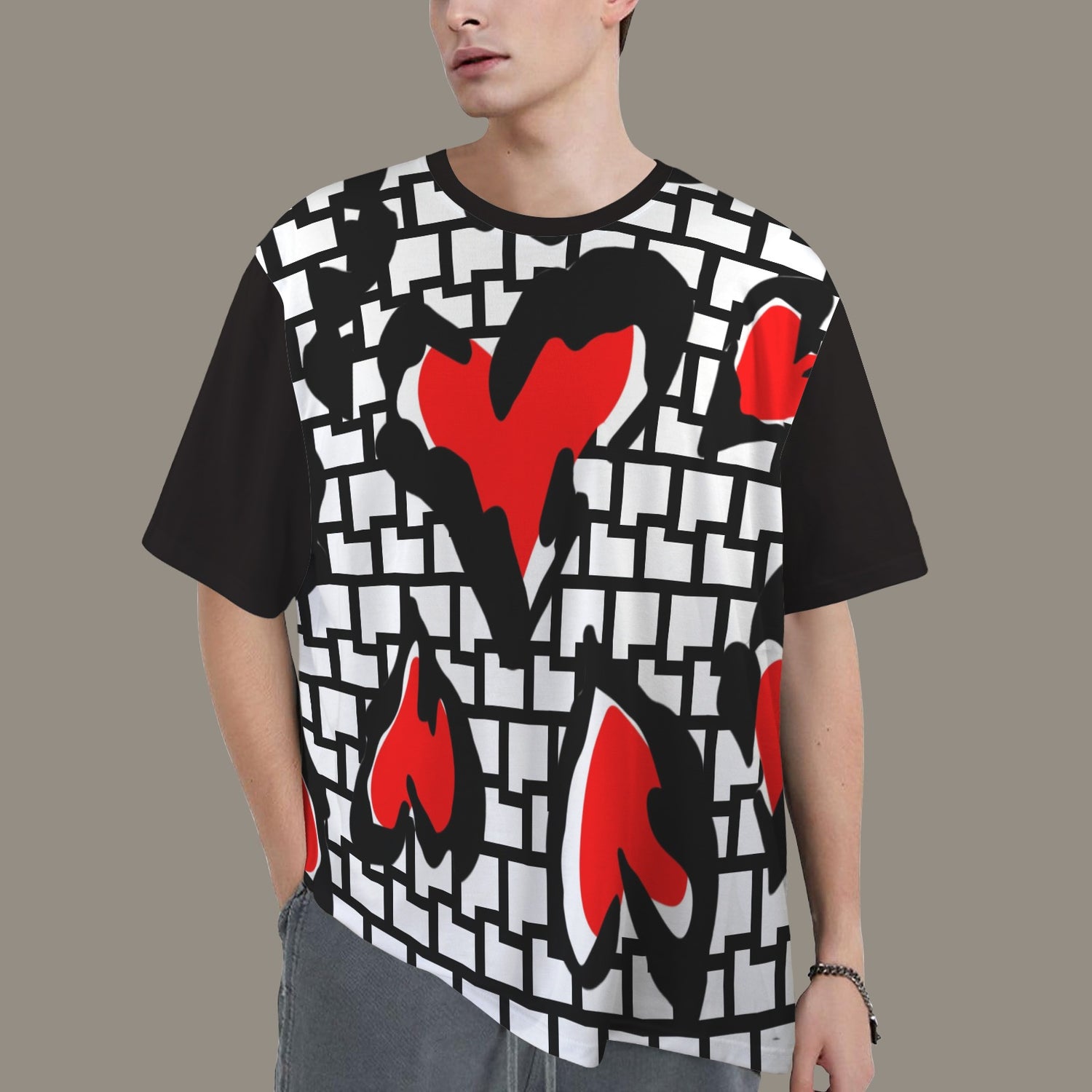SE SON ROSE T-SHIRT -WHITE/BLACK WALL & HEARTS V2