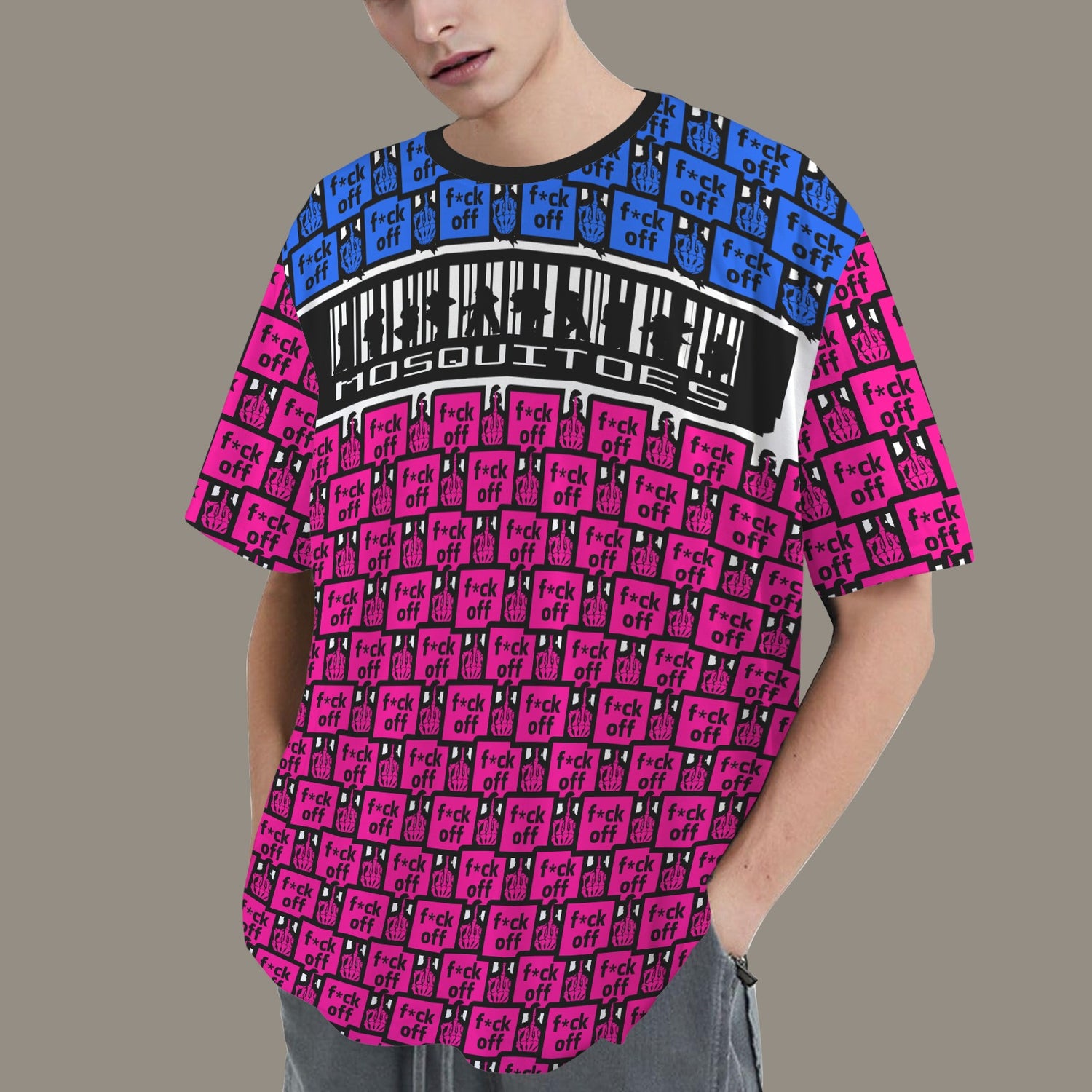 FUCK OFF MOSQUITOES PINK BLUE BLACK T-SHIRT BARCODE FRONT