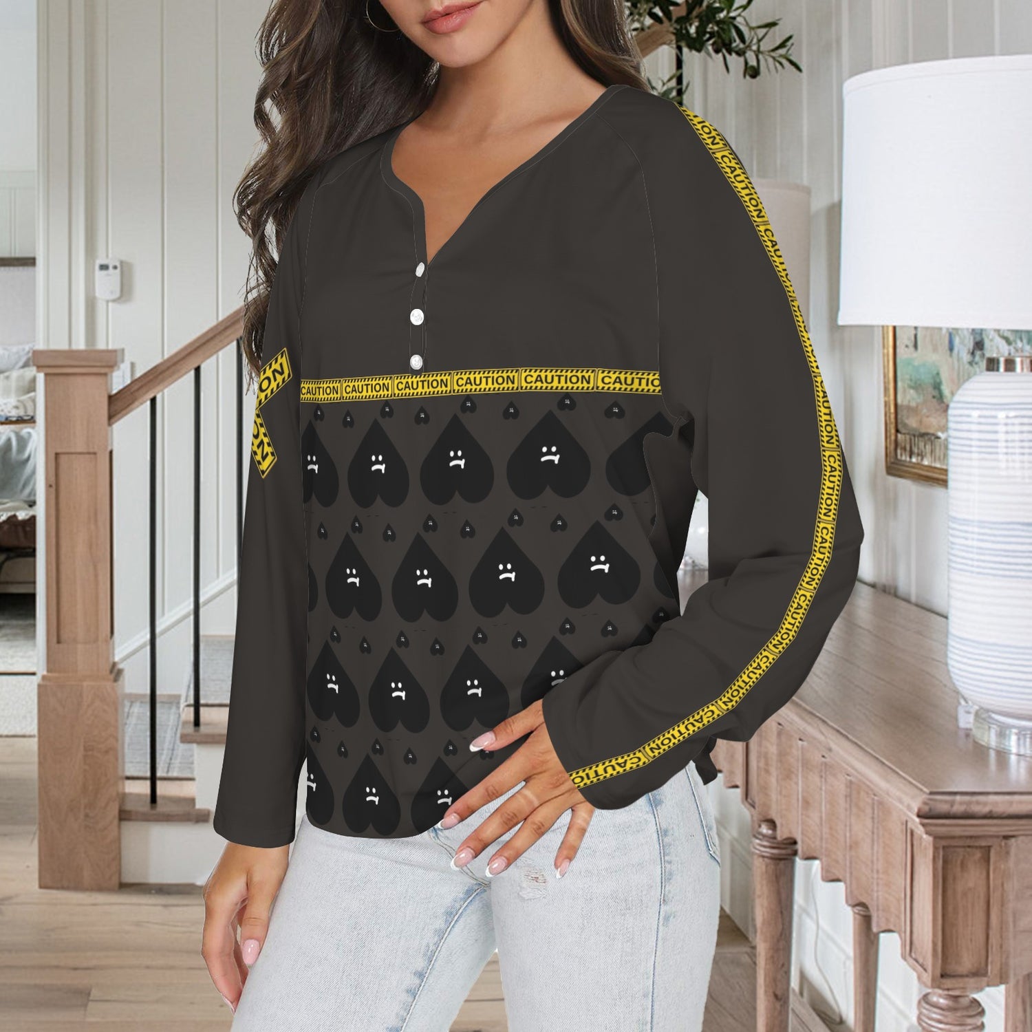LINFA Long Sleeve Shirt Button Black Purple