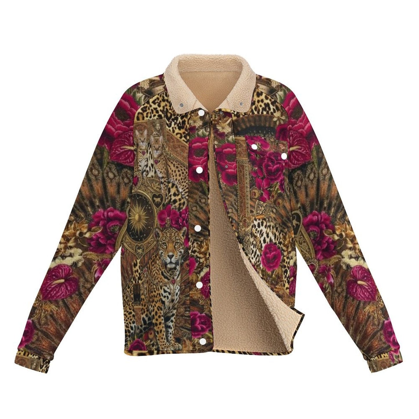 All Over Print Women's Casual Fleece-Lined Button-Up Jacket with Chest Pocket