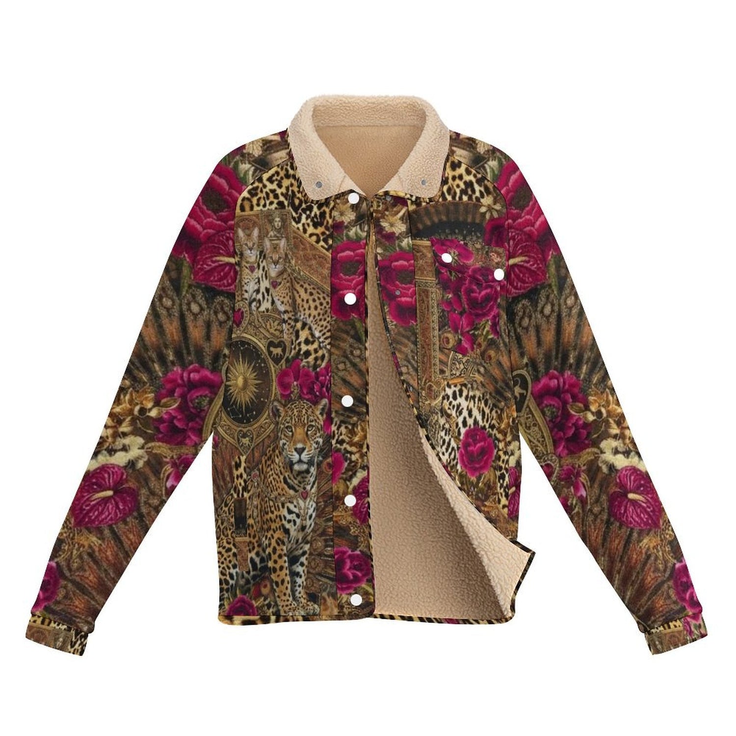 All Over Print Women's Casual Fleece-Lined Button-Up Jacket with Chest Pocket