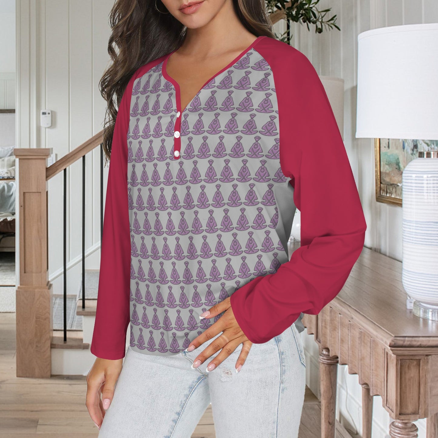 Buddha Pattern Long Sleeve Shirt Button Grey Magenta Sleeve