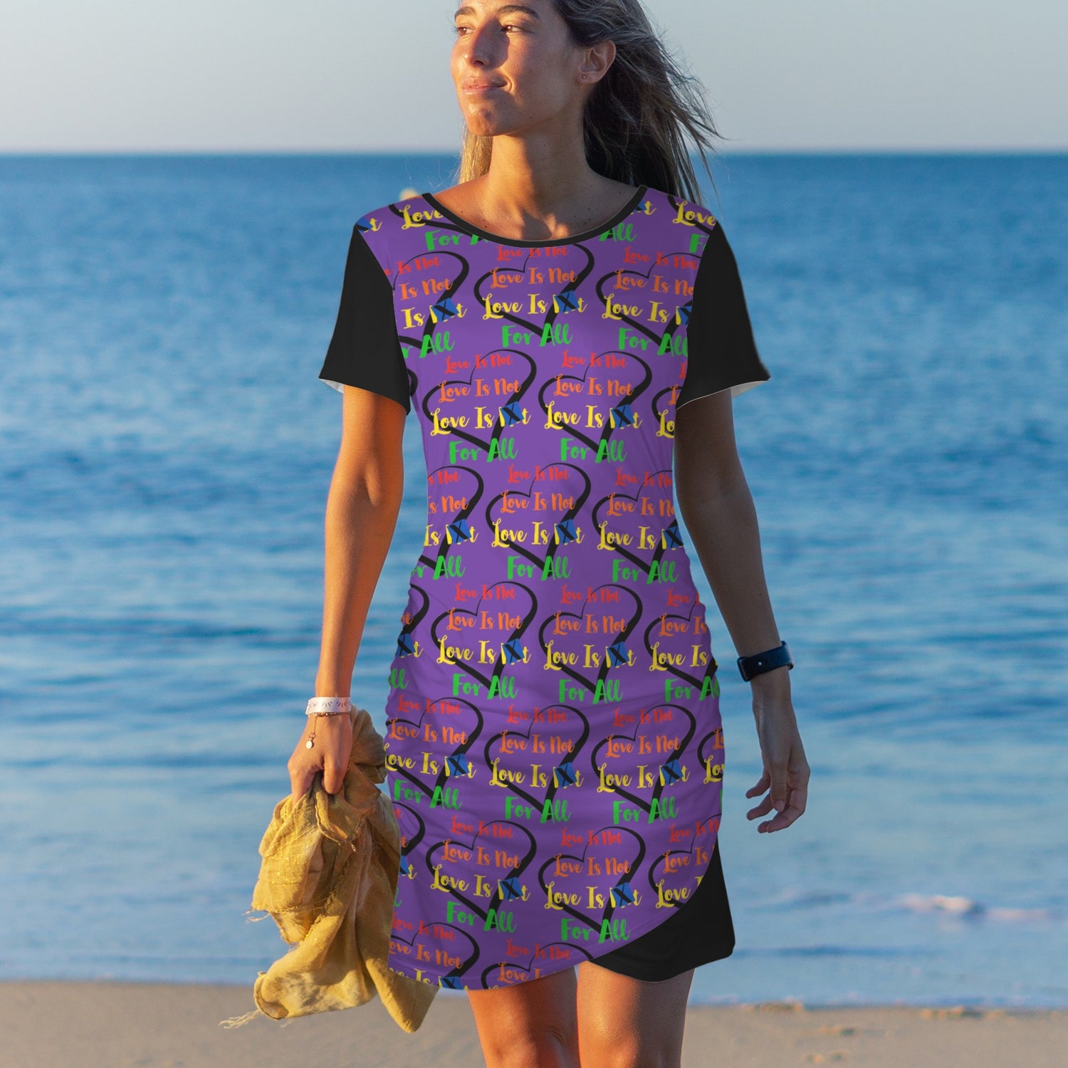 LINFA Bodycon Dress Purple Black Sleeve Little Hearts Pattern