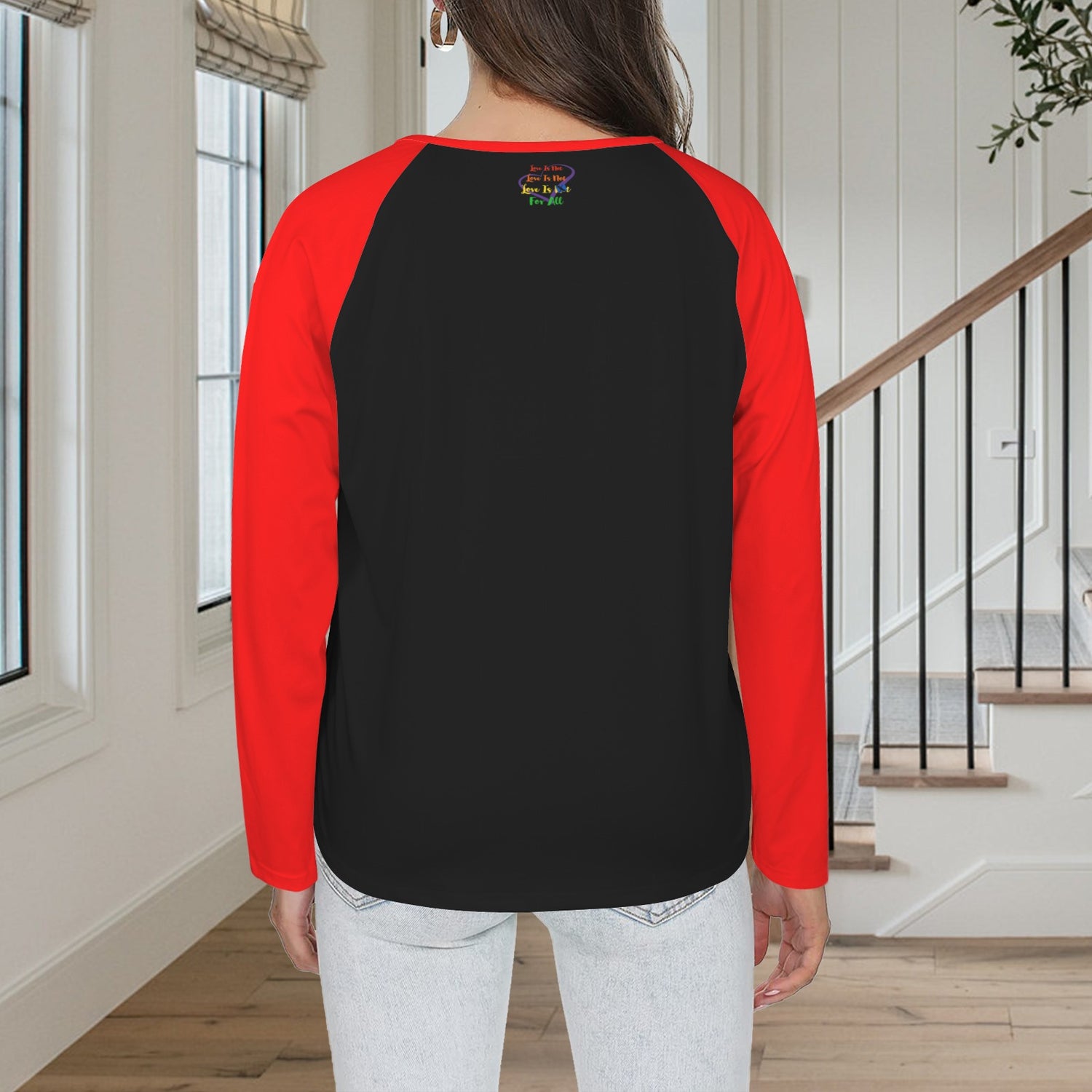 LINFA Long Sleeve Shirt Button Black Red Sleeve