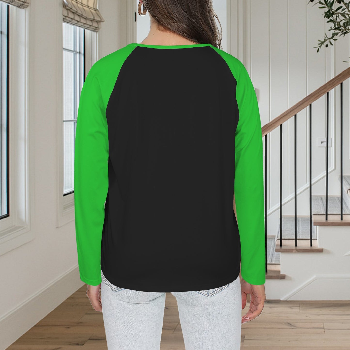 LINFA Long Sleeve Shirt Button Black Green Sleeve 2