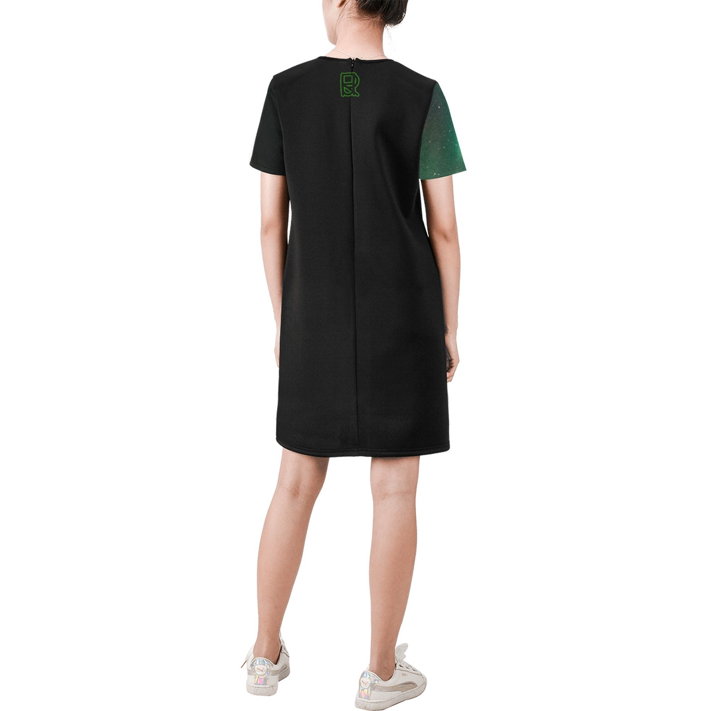 Moon Black Green Sky  A-Line Dress Short-Sleeve Round Neck A-Line Dress