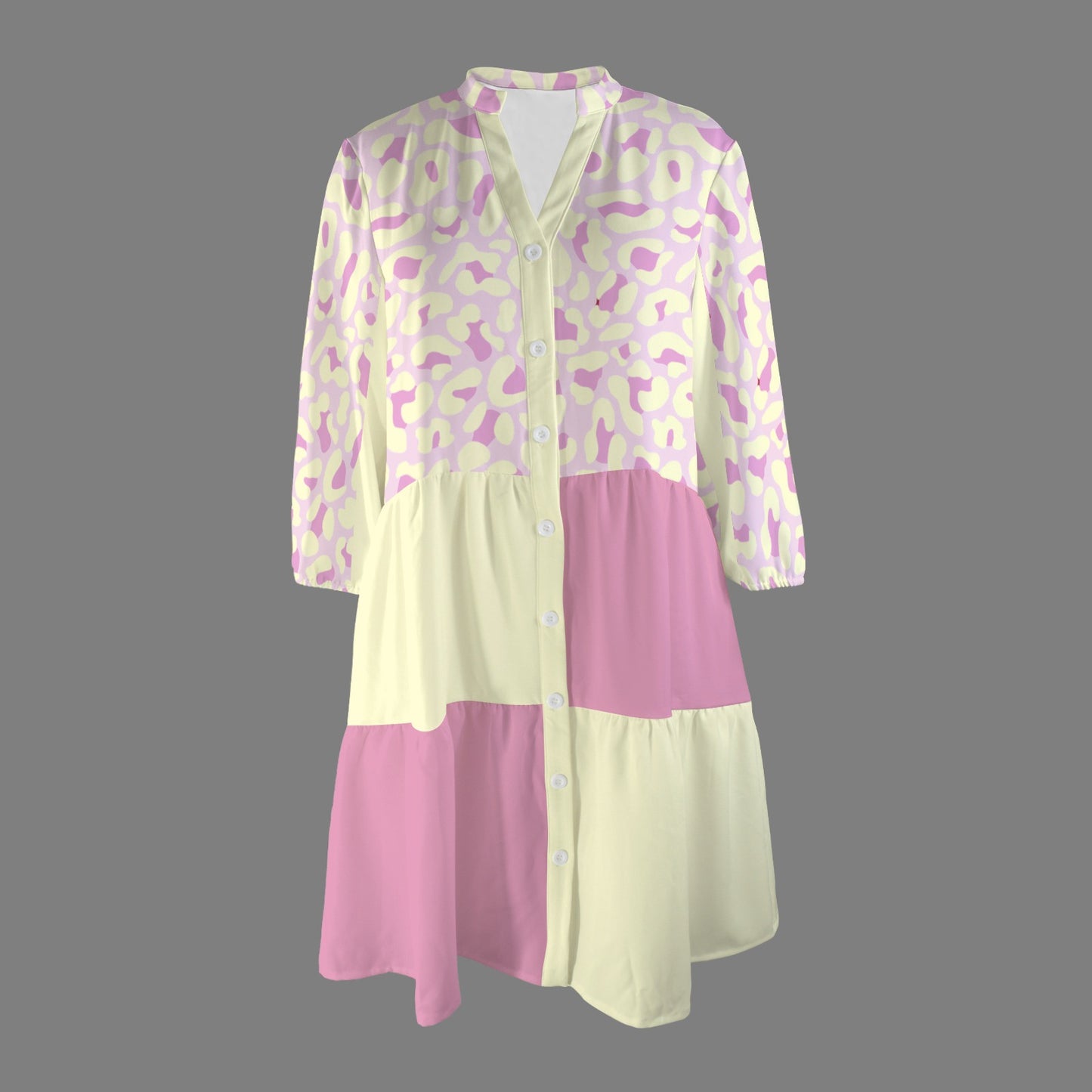 Pink Light Yellow Leopard Front Button Dress