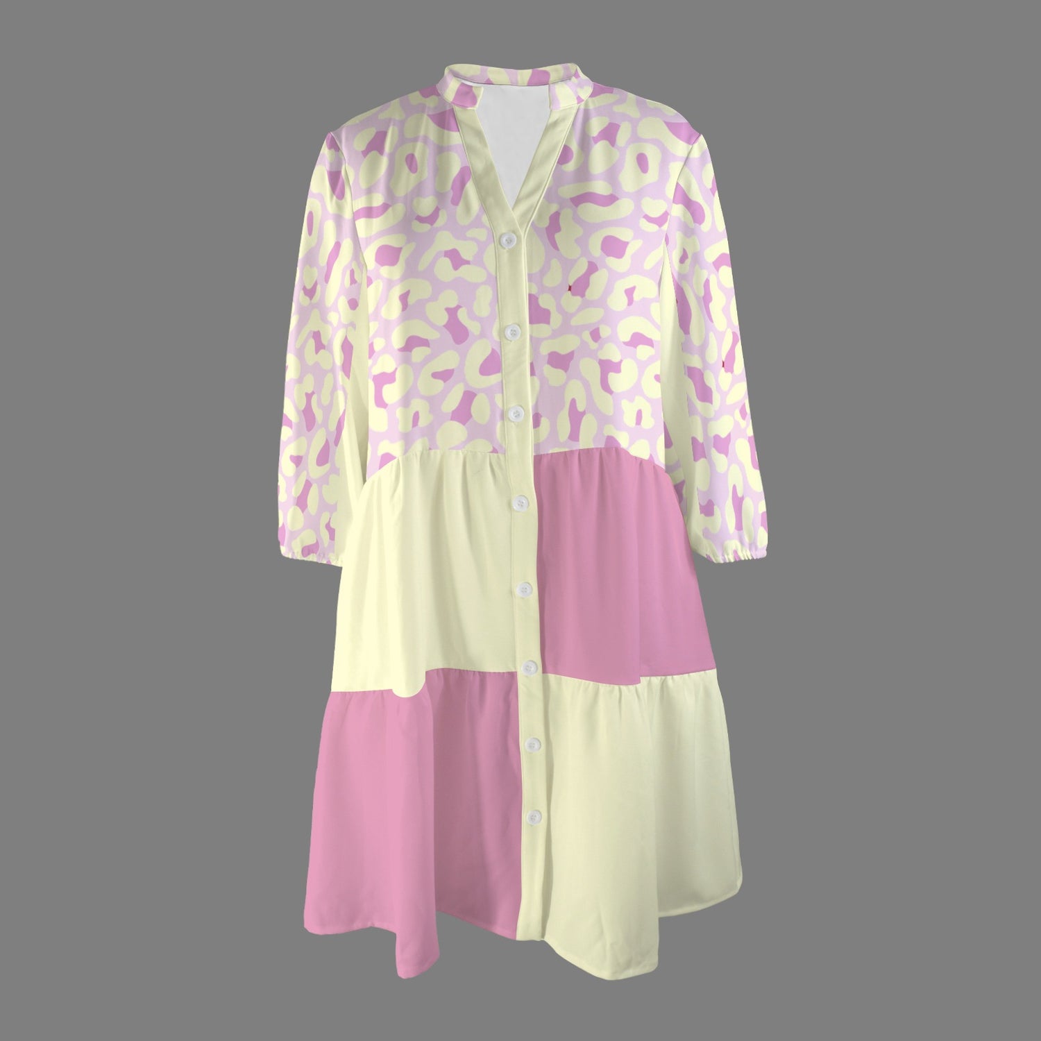 Pink Light Yellow Leopard Front Button Dress
