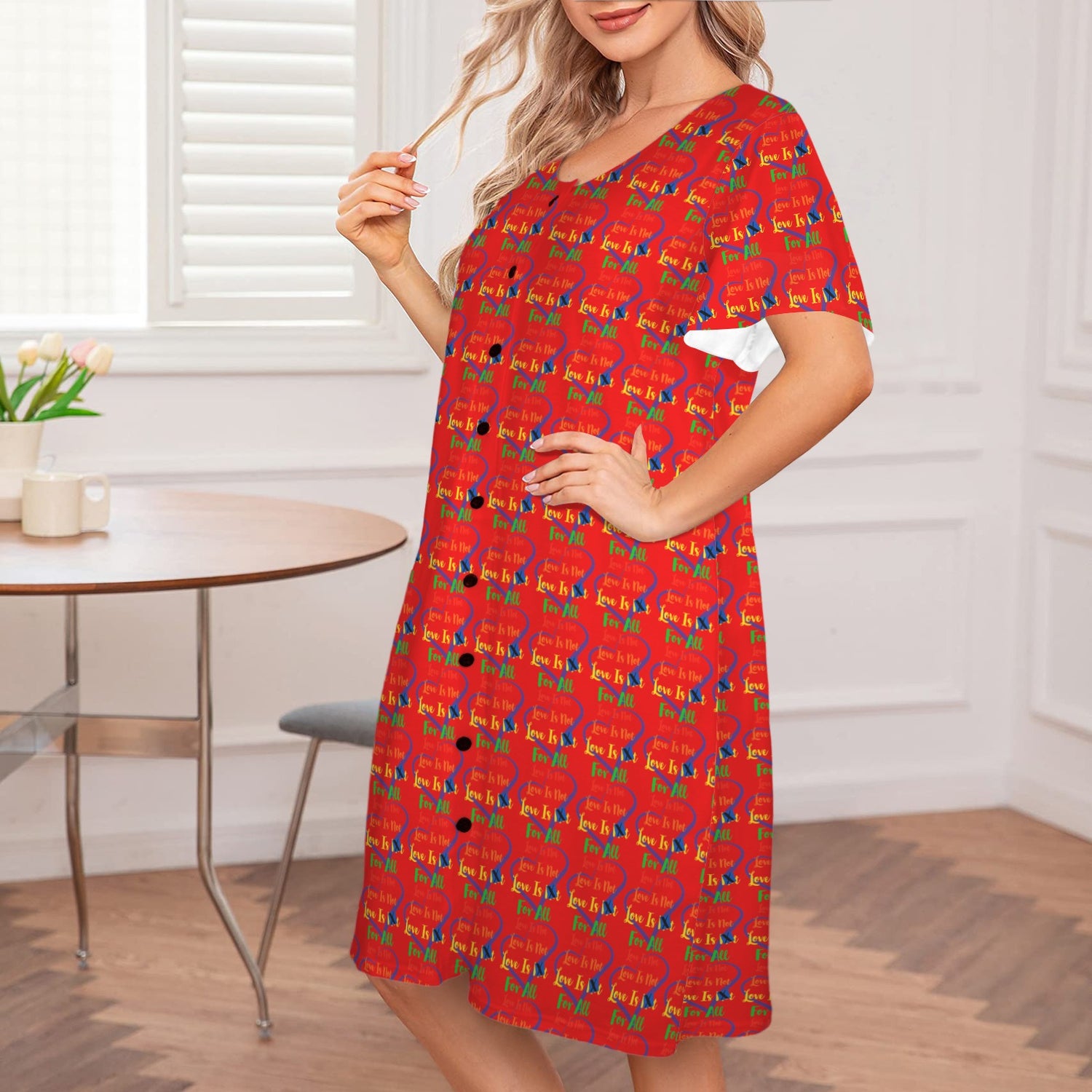 LINFA  Little Hearts Front Button Nightgown Red