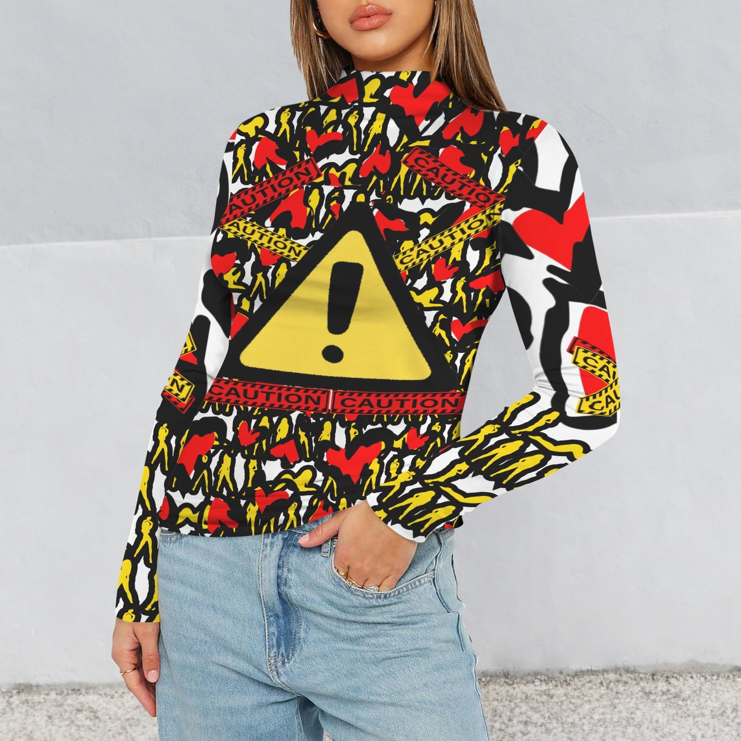 RANSIE CAUTION Long Sleeve Turtleneck Shirt White Black Hearts Mosquitoes