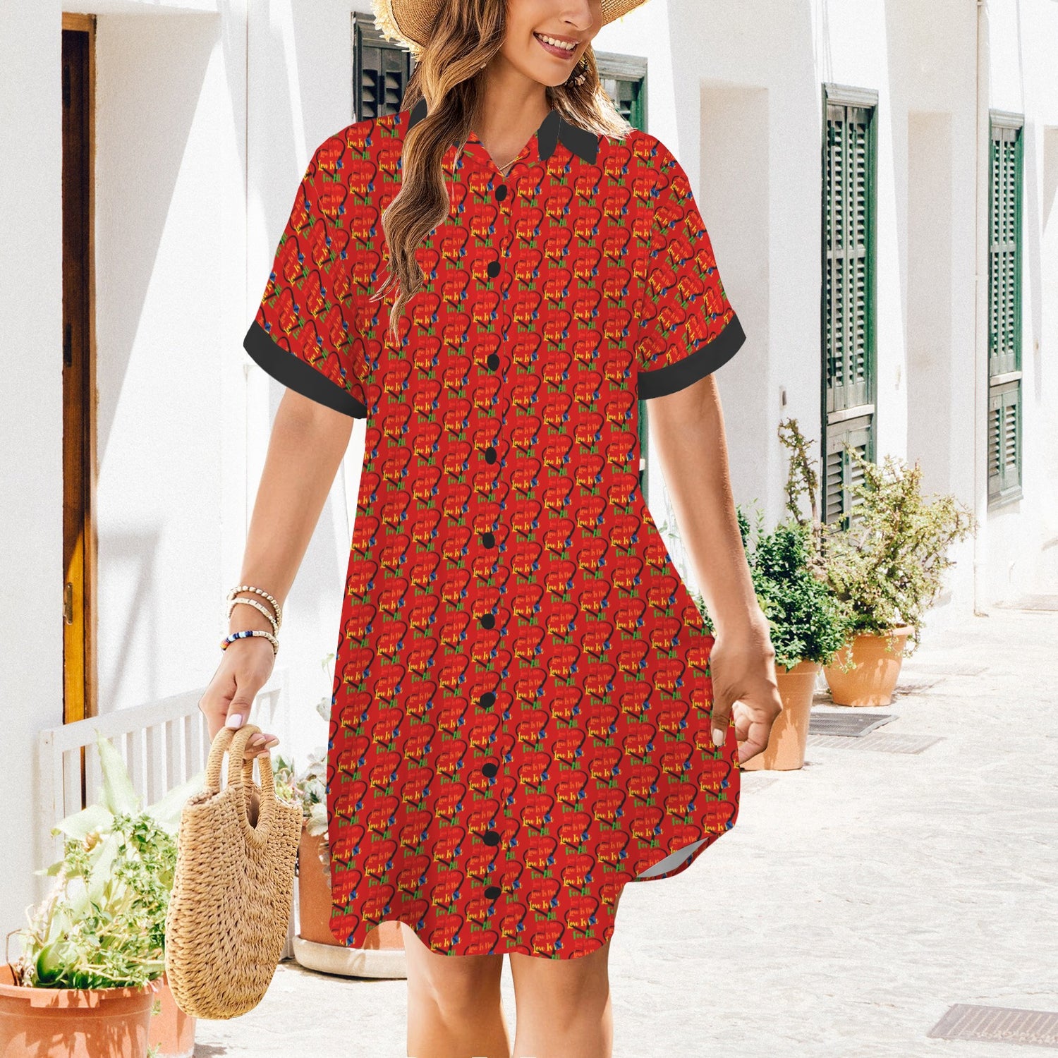 LINFA Little Hearts T Shirt Dress Short Sleeve Red