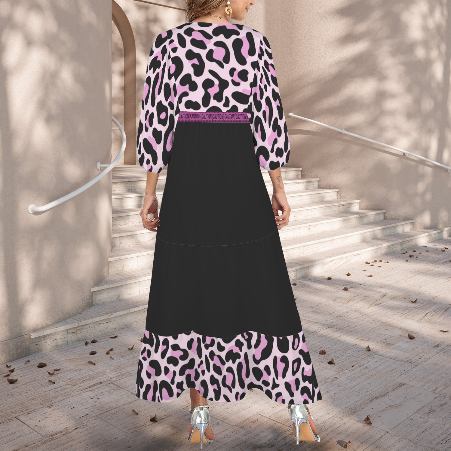 Caution Jimmy Cat Long Dress Leopard Black Pink