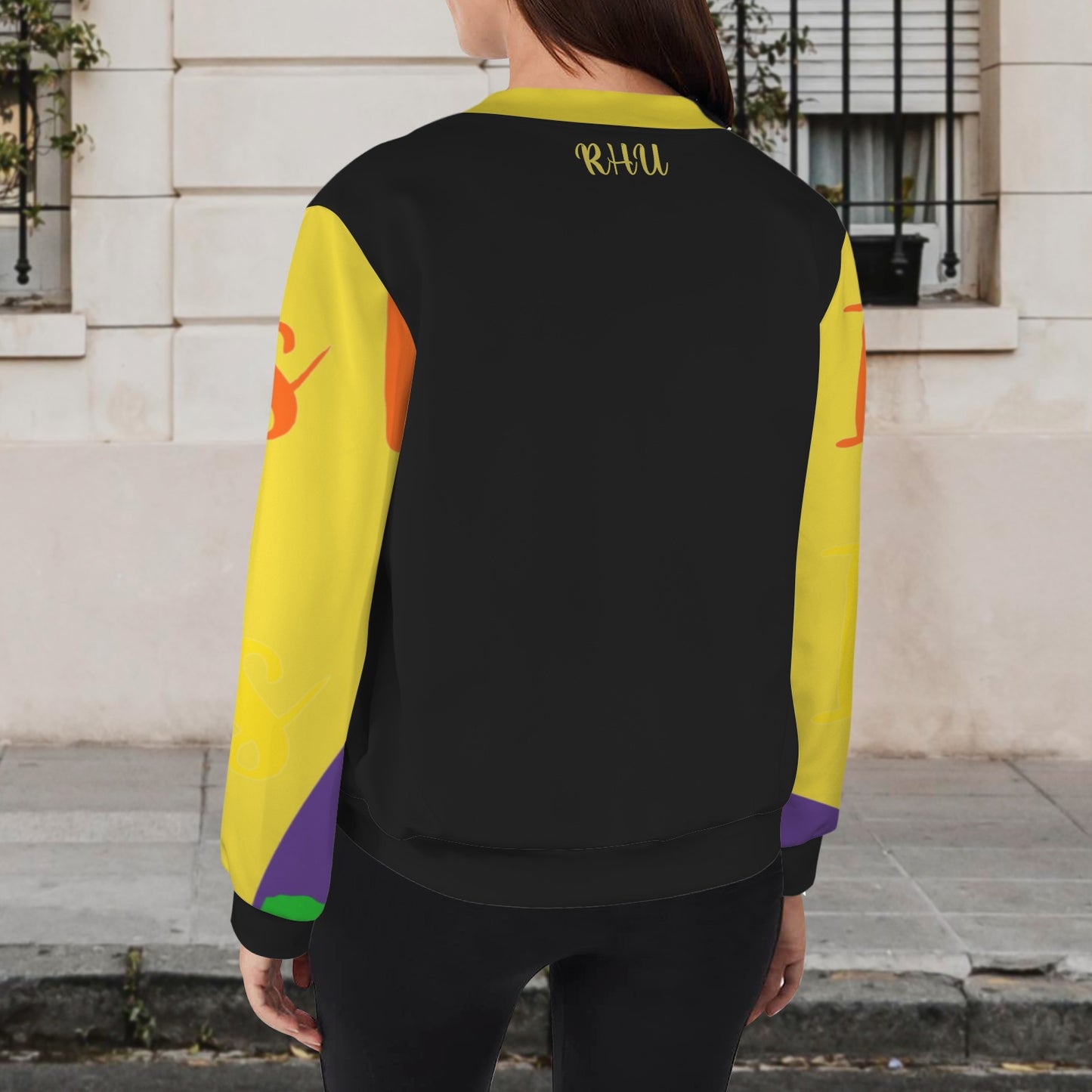 LINFA Black Bomber Jacket Print Front - Yellow  Sleeve