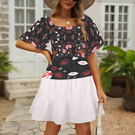 Cross Waist Dress Mouths Black White
