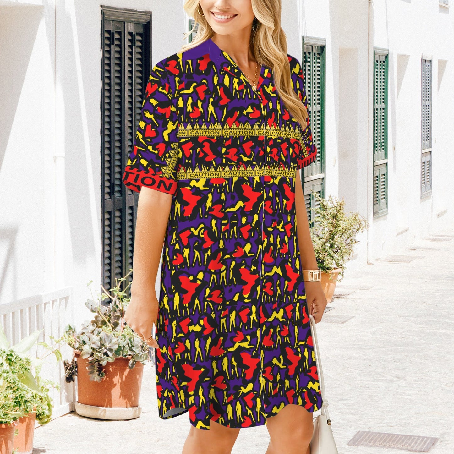 Caution Mosquitoes T Shirt Dress Purple Blue Black Buttons