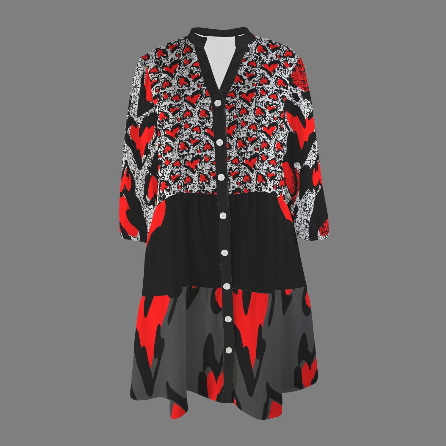 Love Kitties Dress Light Grey Black Charcoral Black Collar