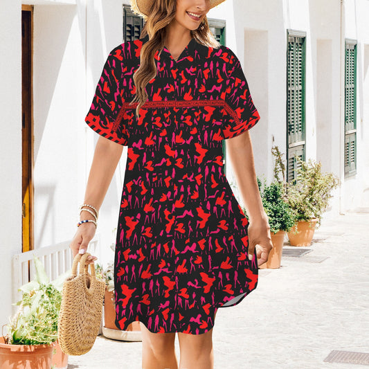 Caution Mosquitoes T Shirt Dress Magenta Red Black Buttons