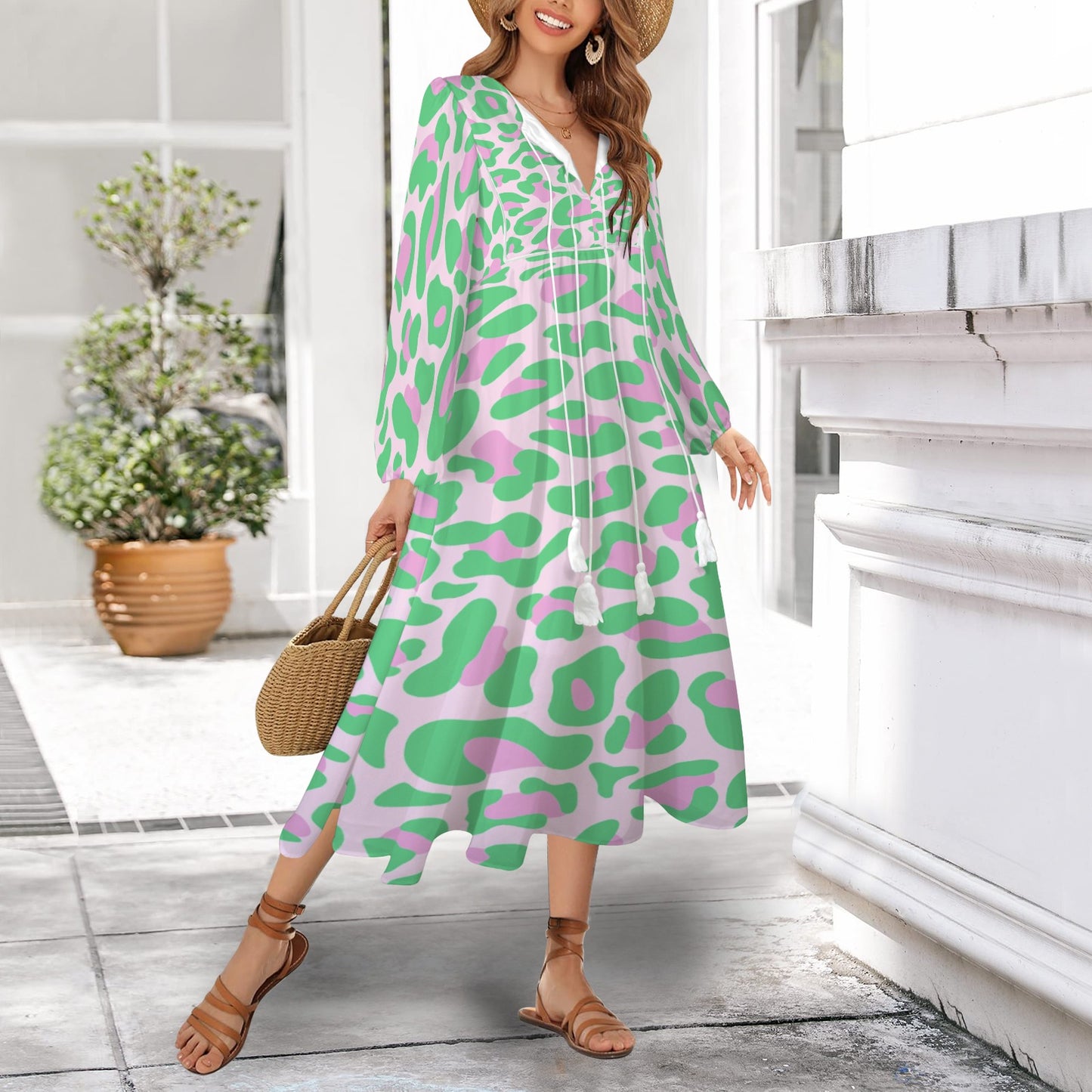 Green Pink Leopard Long Dress